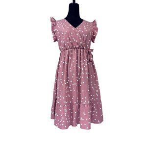 PatPat All Over Dots Pink Cross Wrap V Neck Ruffle Flutter-sleeve Dress Romantic